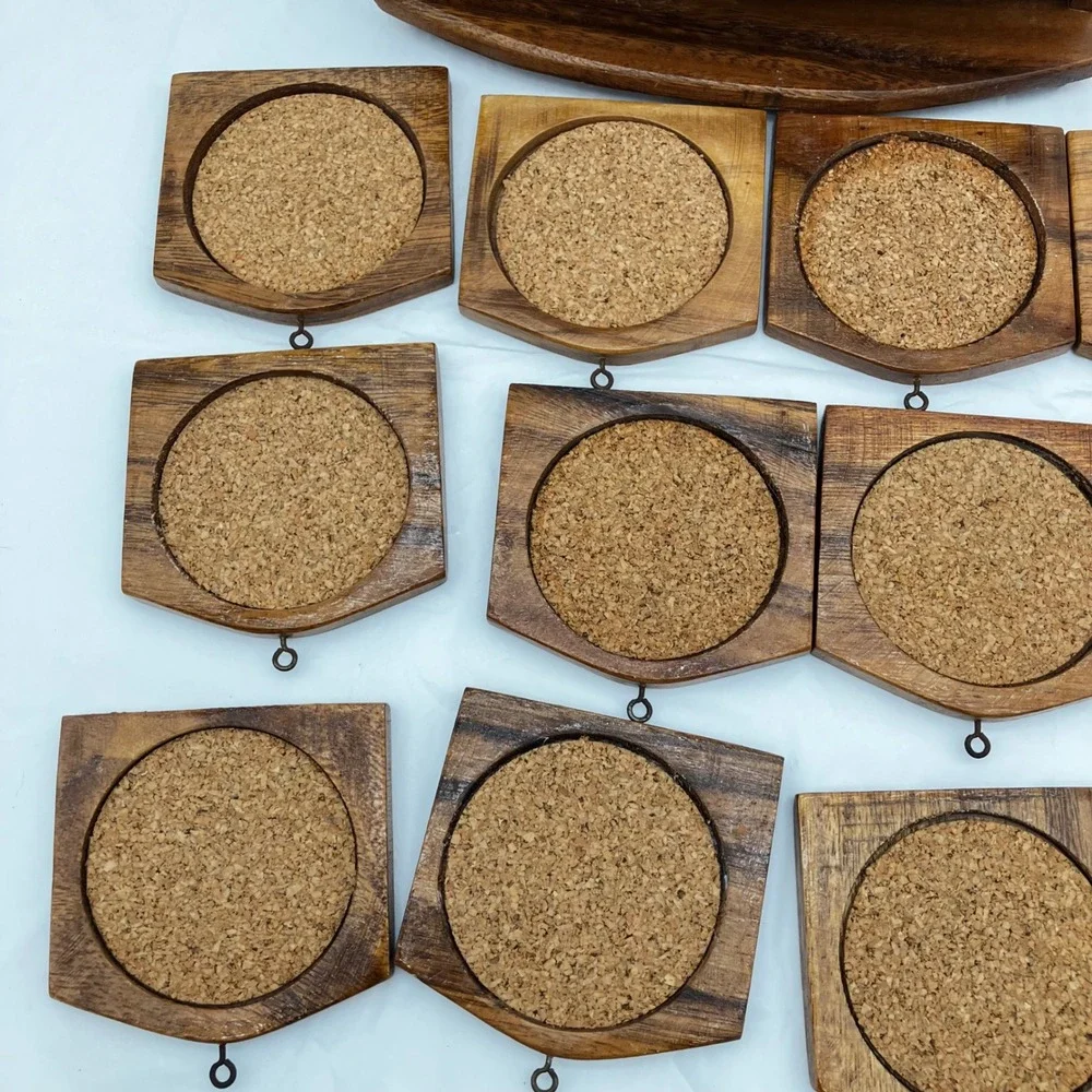 Vintage Wood Coaster Set MCM 12pc Brown Cork Lined with Holder